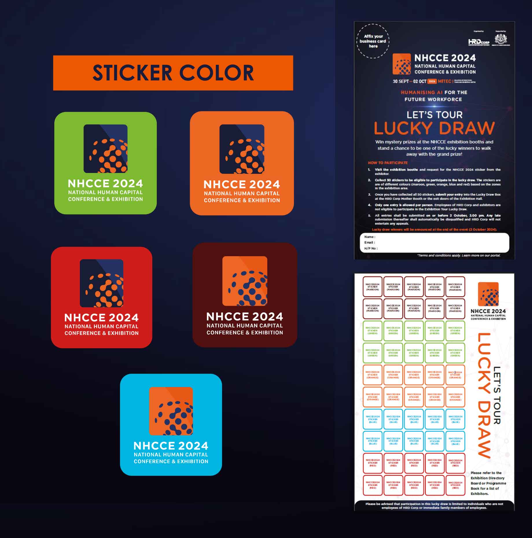 How to participate in Let's Tour NHCCE Lucky Draw: Collect 50 stickers from exhibition booths, 10 from each zone represented by the 5 different colours